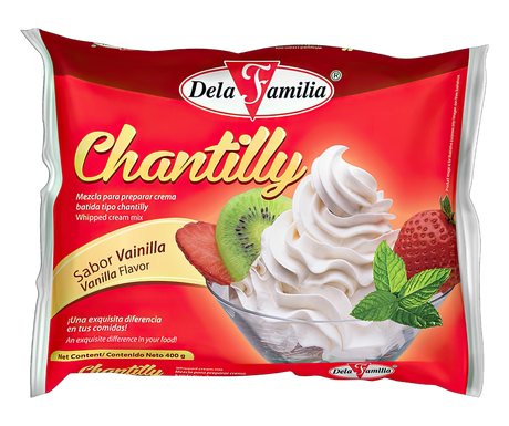 Chantilly sabor vainilla De La Familia 400 g – crema para postres y decoración – Latin Foods At Your Door