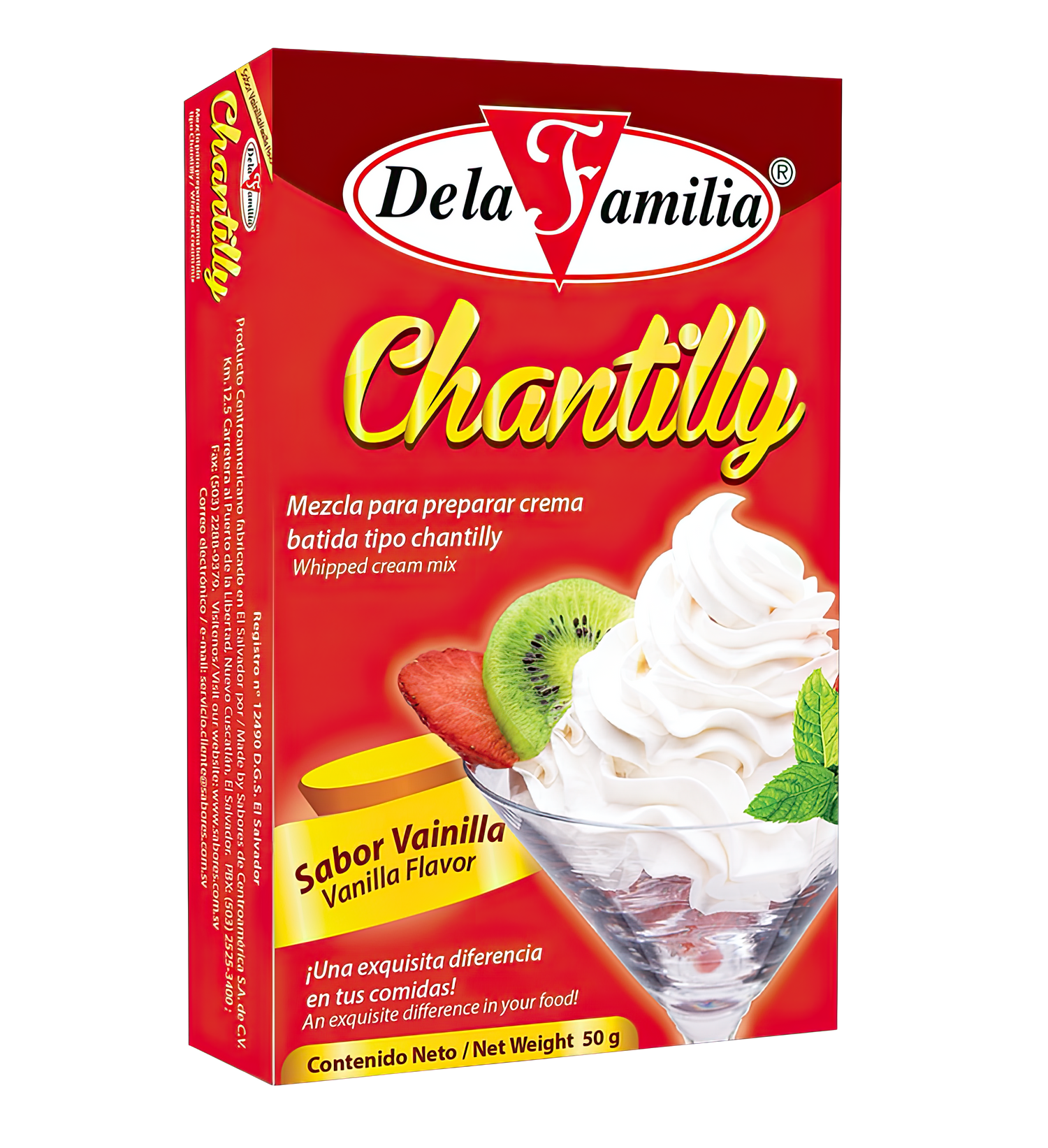 Chantilly sabor vainilla De La Familia 50 g – crema para postres individuales – Latin Foods At Your Door