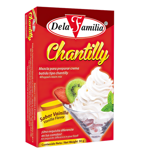 Chantilly sabor vainilla De La Familia 50 g – crema para postres individuales – Latin Foods At Your Door