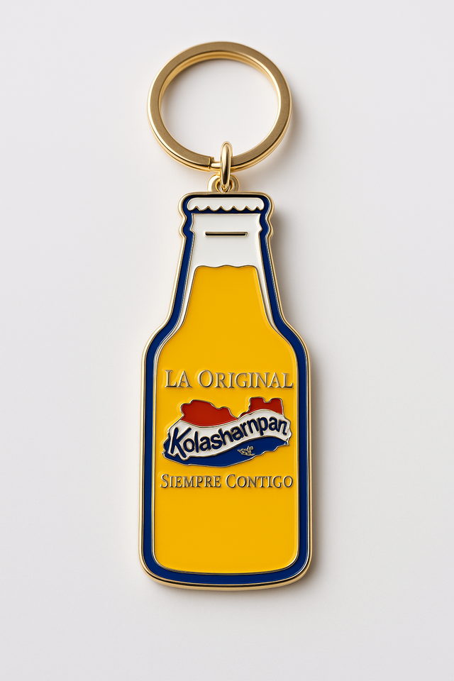 Llavero en forma de botella Kolashampan salvadoreña con estilo tropical